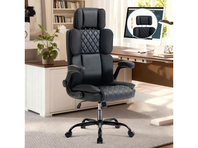 Office Chair with Adjustable Headrest - Executive Leather Desk Chair for Home Office, with Flip-Up Arms & Ergonomic Lumbar Support, Perfect for...