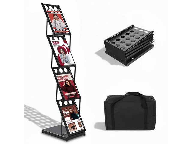 Foldable Brochure Display Stand, 4 Pockets Literature Holder Rack with Carrying Bag, Metal Magazine Rack Floor Standing Display Stand for Trade...