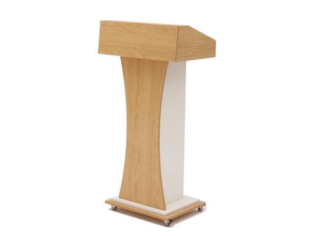 Mobile Wooden Podium Stand with Lockable Wheels Modern Presentation Blockboard Lectern Oak Color with Storage Shelves for Office, Church,...