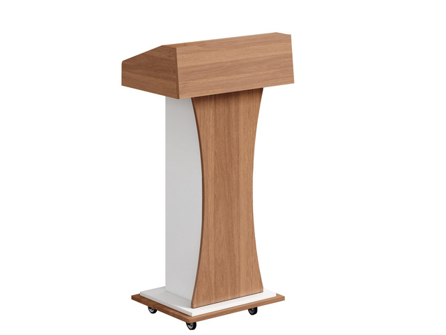 Mobile Wooden Podium Stand with Lockable Wheels Modern Presentation Blockboard Lectern Black Walnut Color with Storage Shelves for Office, Church,...