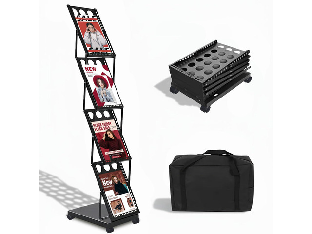 Foldable Brochure Display Stand with Wheels, 4 Pockets Literature Holder Rack with Carrying Bag, Metal Magazine Rack Floor Standing Display Stand...