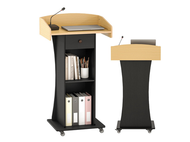 Portable Podium Stand with Lockable Wheels for Classroom(Yellow Black) Wooden Pulpit for Church with Adjustable Shelf, Mobile Teacher Lectern...