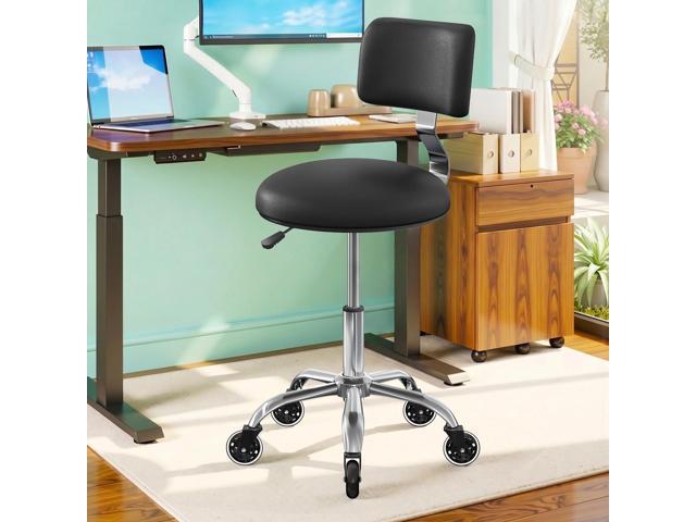 Rolling Stool Chair with Wheels, Office Drafting Chair with Back Support, Height Adjustable Standing Desk Stool with PU Leather Cushion for Home.