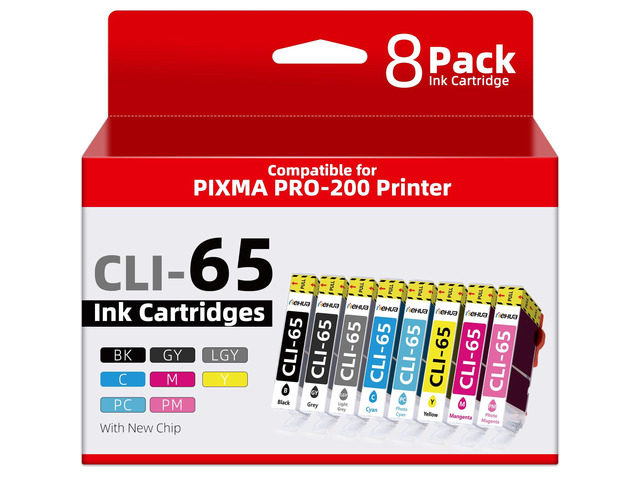 CLI-65 Ink Cartridge with Chip Replacement for Canon PRO 200 Ink Cartridges Compatible with PIXMA PRO-200S Printer 8 Color Pack (1BK, 1C, 1M,...