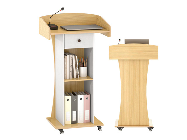 Portable Podium Stand with Lockable Wheels for Classroom(Yellow White) Wooden Pulpit for Church with Adjustable Shelf, Mobile Teacher Lectern...