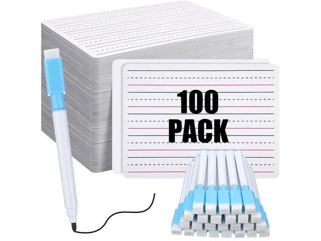 100 Pcs Lined Dry Erase Board with Markers 9 x 12 Double Sided Whiteboards Dry Erase Lapboards with Lines Ruled Writing Board Handwriting Practice