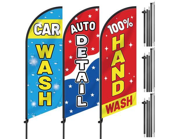 3 Pcs Car Wash Sign Car Wash Flags Feather Flag Banner Auto Detail Hand Wash Sign Feather Advertising Flag with Pole Kit Weatherproof Polyester...