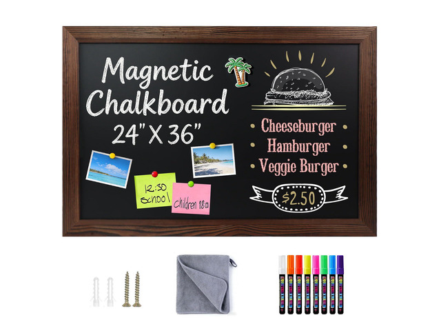 Magnetic Chalkboard for Wall, 24 x 36 Inch Solid Wood Framed Brown Magnetic Board, Wall Mounted Chalk Board for Kitchen, Restaurant, Food Truck and...