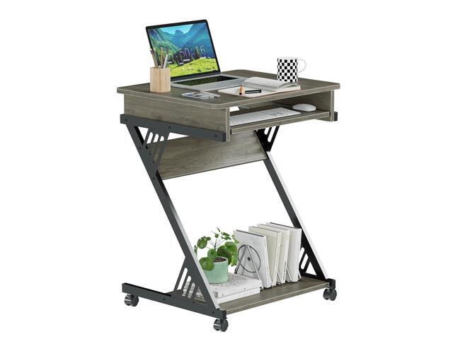 23.6' Z-Shaped Computer Desk for Small Spaces with Keyboard Tray, Wheels and Bottom Shelves, Compact Space-Saving Home Office Workstation, Grey