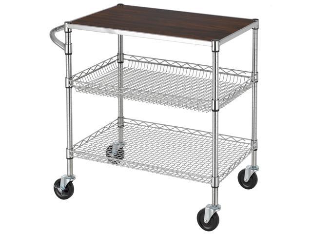 3 Tier Heavy Duty Commercial Grade Utility Cart with Wood Top, Wire Rolling Cart with Wheels and Handle Bar, Kitchen Carts on Wheels, Metal Cart...