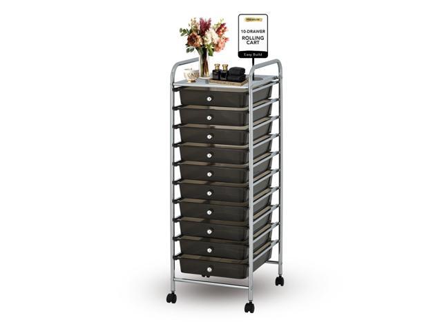 Display By Jack Rolling Storage Cart 10 Drawer Organizer with Black Drawers, Slim 36' Chrome Frame, Locking Wheels, and Top Shelf for Office,...