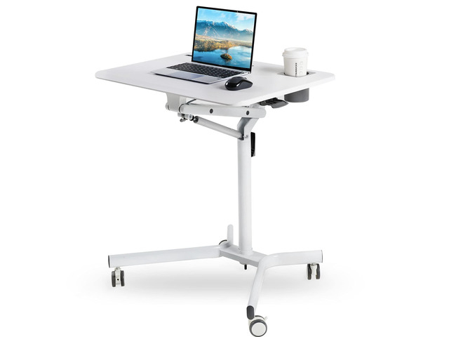 Mobile Sit Stand Desk - Height Adjustable Standing Laptop Desk Cart Rolling Couch Table on Wheels White Workstation with Gas Spring Riser for Home...
