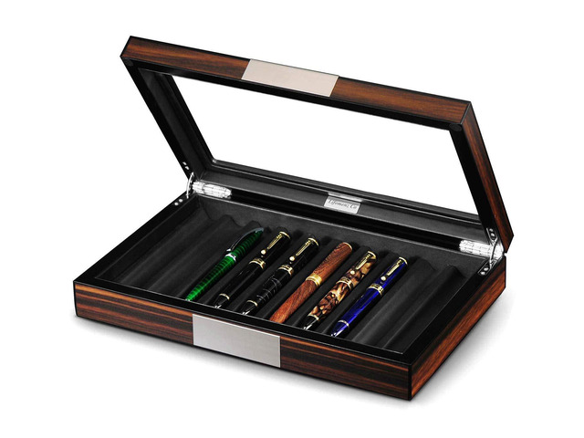 Wood Pen Box - 10 Slot Organizer With Glass Lid, Top Window Display Case for Collection Storage