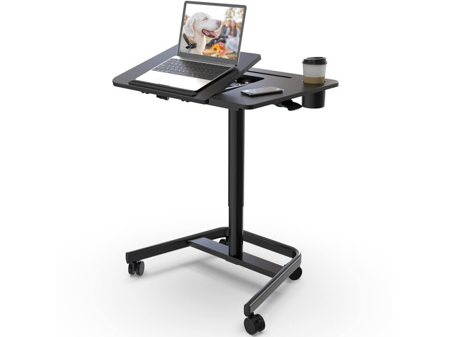 Rolling Standing Desk, 60Â° Tiltable Mobile Laptop Desk, Black Pneumatic Height Adjustable Cart, Portable Stand Up Desk with Wheels & Cup Holder...
