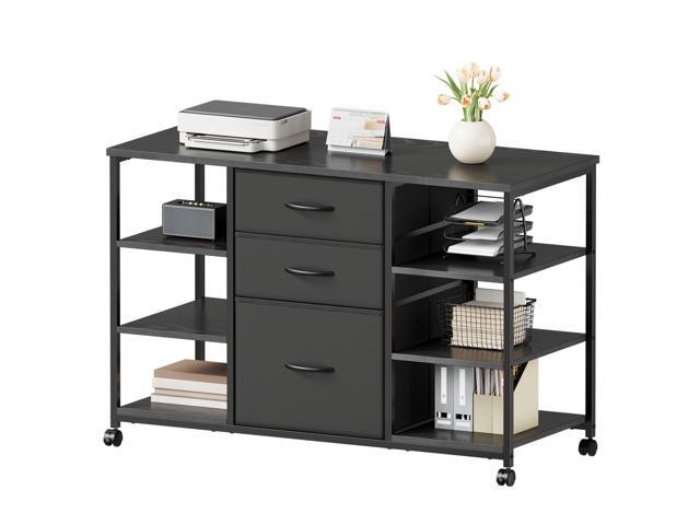 Mobile File Cabinet,Lateral Filing Cabinet with 3 Fabric Drawers,Rolling Printer Stand with 4 Open Storage Shelf for Home Office,Black