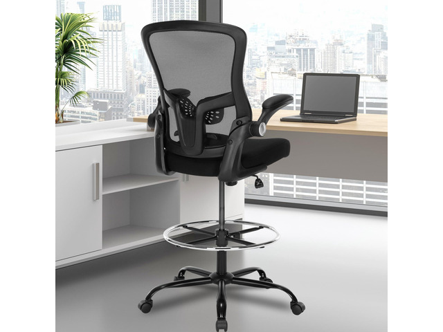 Ergonomic Drafting Chair Tall Office Chair for Standing Desk, Adjustable Height Mesh Chair with Footrest and Flip-Up Arms, Counter Height, Black