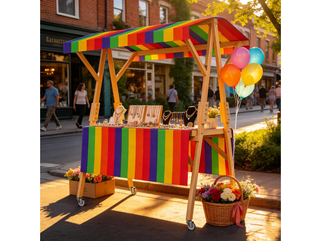Market Stall Frame Carts Width 59' Outdoor Pine Wood Street Food Vendor Cart with Canopy Folding Vendor Stall Cart with Wheels (Rainbow)