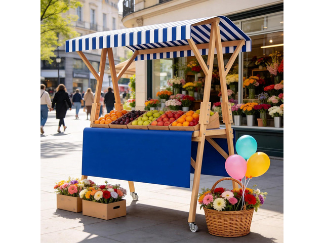 Market Stall Frame Carts Width 59' Outdoor Pine Wood Street Food Vendor Cart with Canopy Folding Vendor Stall Cart with Wheels (Blue)