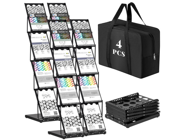 4 Pieces Foldable Magazine Rack Metal Catalog Literature Rack Portable 4 Pockets with Carrying Bag Brochure Stand Literature Display Holder Stand...