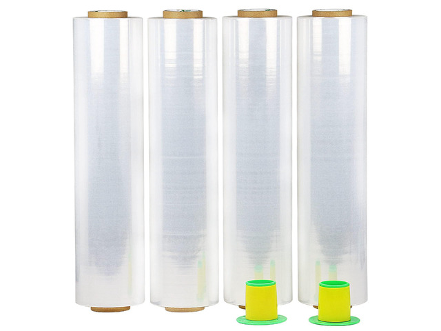 4 Pack Industrial Clear Stretch Wrap Film with Plastic Handle 18' 1200ft 72Gauge for Pallet Wrap, Durable Self-Adhering Packing, Moving, Packaging,...