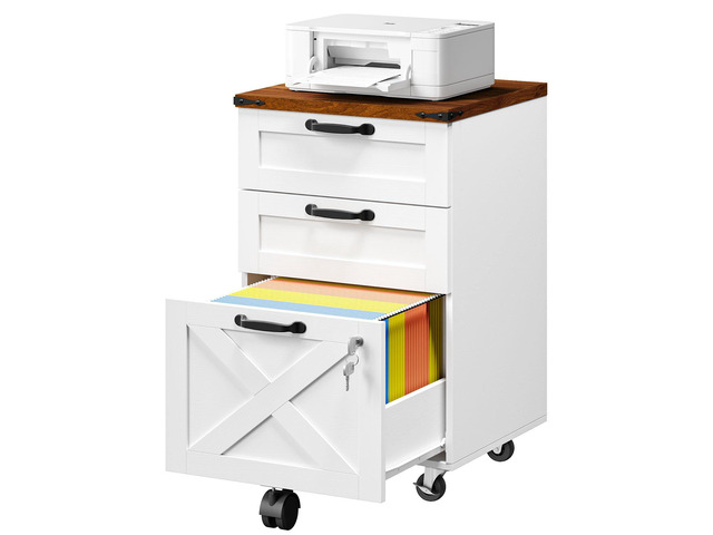 3 Drawer File Cabinet with Lock, Mobile Farmhouse Filing Cabinet for A4/Letter Size, Under Desk Rolling Office Cabinet, Printer Stand with Storage...