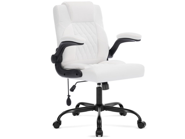 Leather Office Chair Executive Computer Desk Chair,White Inflatable Lumbar Support,Flip-up Arms,Ergonomic,Tilting,Swivel,Rolling PC Chair for...