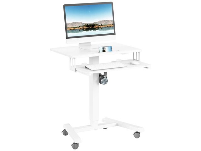 Mobile Standing Desk with Keyboard Tray, Mobile Podium, Lockable Rolling Sit Stand Desk, Gas Spring Adjustable Height Desk Up to 33lbs, Portable...
