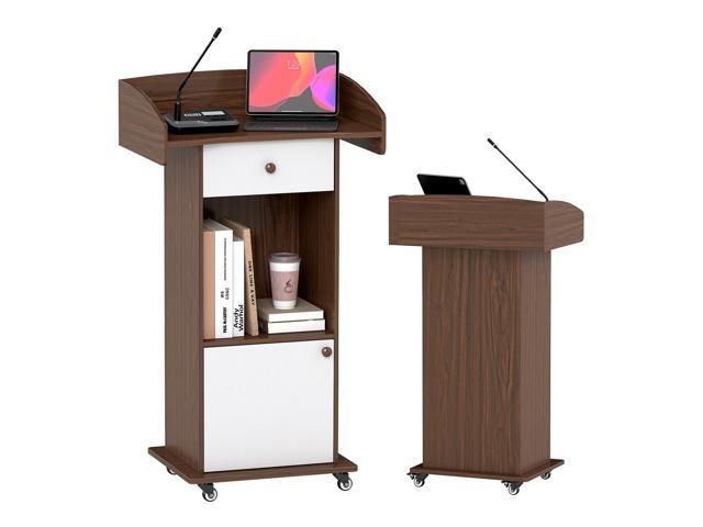 Podium Stand with Metal Wheels Wooden Lectern Podium Stand Portable Pulpit Standing with Storage Mobile Reception Podiums for Church Office School...