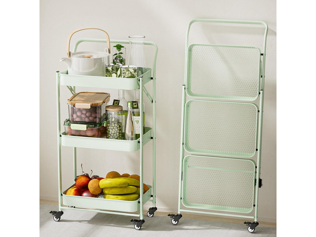 Foldable Rolling Cart, 3-Tier Metal Folding Storage Utility Carts Basket Rack Organizer with Handle on Wheels for Snacks Books Fruits for Kitchen...