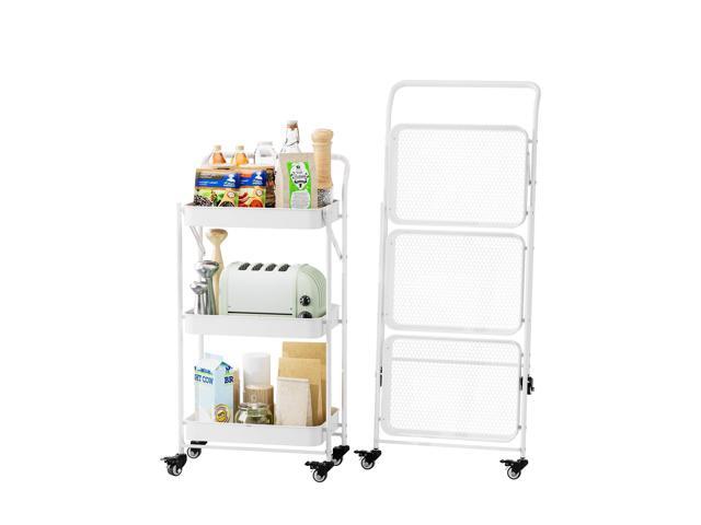 Foldable Rolling Cart, 3-Tier No Assembly Metal Utility Cart with Handle, Heavy Duty Folding Storage Trolley Organizer on Wheels for Kitchen,.