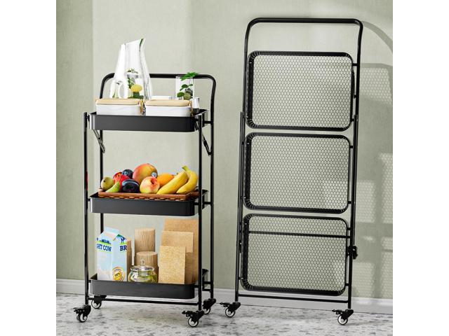 No Assembly Foldable Rolling Cart, 3 Tier Black Metal Folding Utility Cart with Handle, Heavy Duty Mobile Storage Organizer on Wheels for Office,.