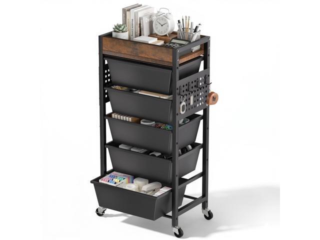 6 Tier Rolling Cart with Drawers, Plastic Drawer Storage Craft Cart with Pegboards & Hooks, Metal Utility Cart with Wheels & Wooden Tabletop,...
