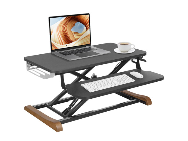 Height Adjustable Standing Desk Converter with Keyboard Tray, 26x16 Inch, Sit to Stand Desk Riser with Elegant Side Cover and Wooden Feet, Compact...