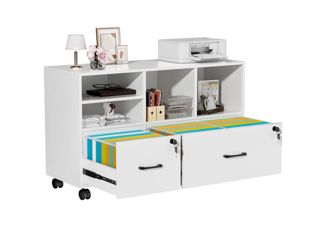 2 Drawer Wood Mobile Large Lateral File Cabinet, Lockable Rolling Filing Cabinet with Storage Shelves, Printer Stand Office Storage Cabinet for...