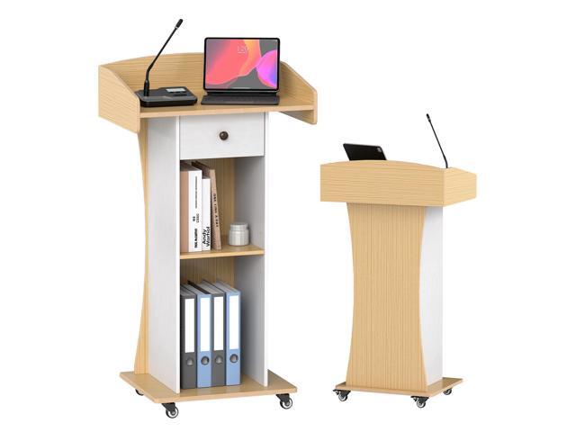 Podium Stand with Metal Wheels Wooden Lectern Podium Stand Portable Pulpit Standing with Storage Mobile Reception Podiums Desk for Church Office...