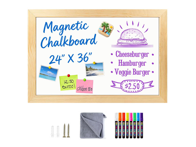 Magnetic Chalkboard for Wall, 24 x 36 Inch Solid Wood Framed Brown Magnetic Board, Wall Mounted Chalk Board for Kitchen, Restaurant, Food Truck and...