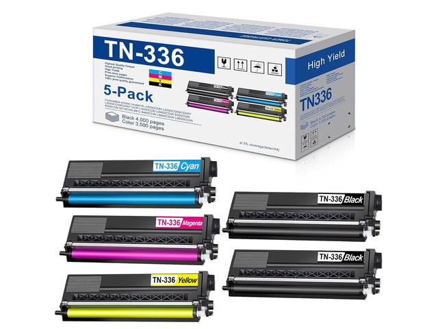 TN-336 Toner Cartridge High Capacity (5-Pack, 2BK/1C/1M/1Y) Replacement for Brother HL-L9200CDW/CDWT DCP-L8400CDN L8450CDW 9050CDN MFC-L8650CDW...