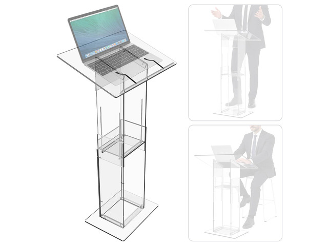 Clear Podium Stand Adjustable Height 33.5'-45.3', Acrylic Podium Floor Standing Acrylic Lectern Podium with Storage Shelf, Adjustable Pulpits...