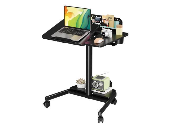 Mobile Standing Desk, Rolling Tilt Adjustable Laptop Desk, Black 28' Partial 60° Tiltable MDF Board, Height Adjustable, DIY Pegboard & Storage.