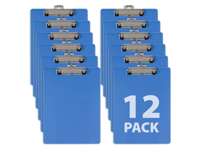 Plastic Clipboard, 12.5 x 9-Inches, Letter Size Document Holder with Low-Profile Metal Clip, Retractable Hanging Hole, Arctic Blue, Pack of 12
