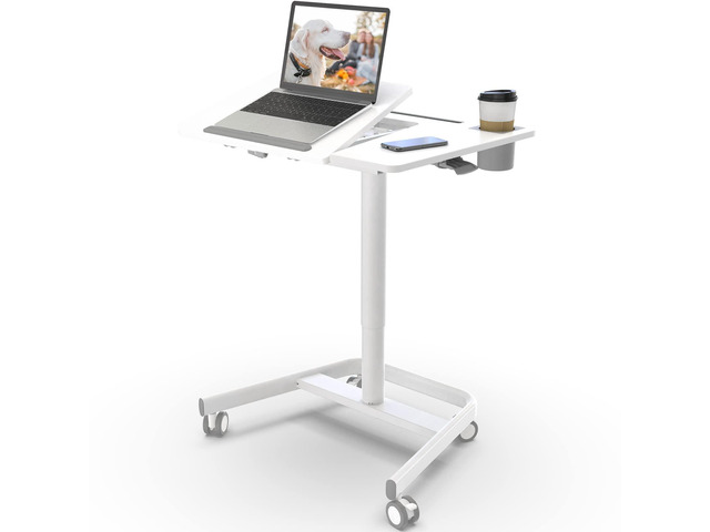 Mobile Standing Desk, 60Â° Tiltable Rolling Laptop Desk, White Pneumatic Height Adjustable Cart, Portable Sit Stand Desk with Wheels & Cup Holder...