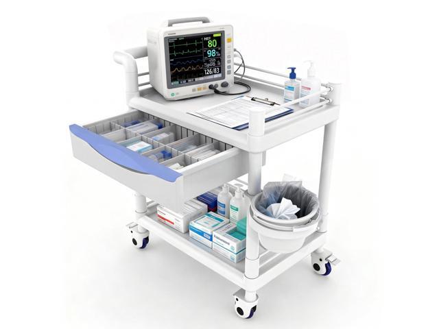 2-Tier Rolling Utility Cart with XL Divided Drawer, Workstation Cart with Quiet Lockable Wheels, Adjustable Side Cup/Bin, 400 lb Capacity, White