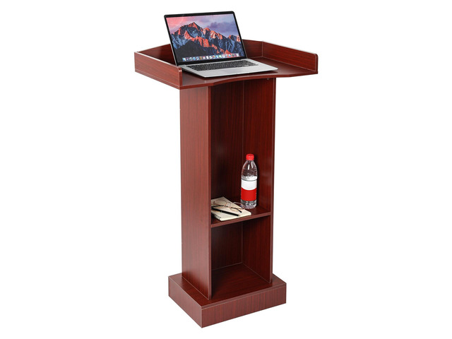 Wooden Podium Lectern Stand with Storage Shelves, Presentation Pulpit for Church Classroom (Reddish Brown)