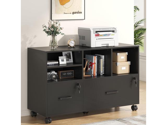 2 Drawer Wood Mobile Large Lateral File Cabinet, Lockable Rolling Filing Cabinet with Storage Shelves, Printer Stand Office Storage Cabinet for...