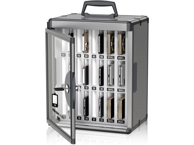 24 Slots Cell Phone Locker, Classroom Phone Storage Cabinet with Key, Wall Mounted Aluminum Alloy Phone Lock Box, Mobile Phone Lockbox with Handle.