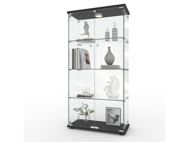 4 Shelves Display Cabinet, Tempered Glass Curio Showcase with LED Light & Lock, Double Doors Storage Cabinet for Living Room Bedroom Office, Black,.