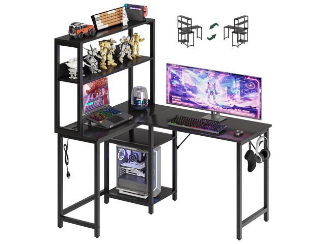 53' L Shaped Gaming Desk with Power Outlets & LED Lights, Reversible Corner Desk with 2-Tier Adjustable Shelves and Headphone Rack for Home Office...