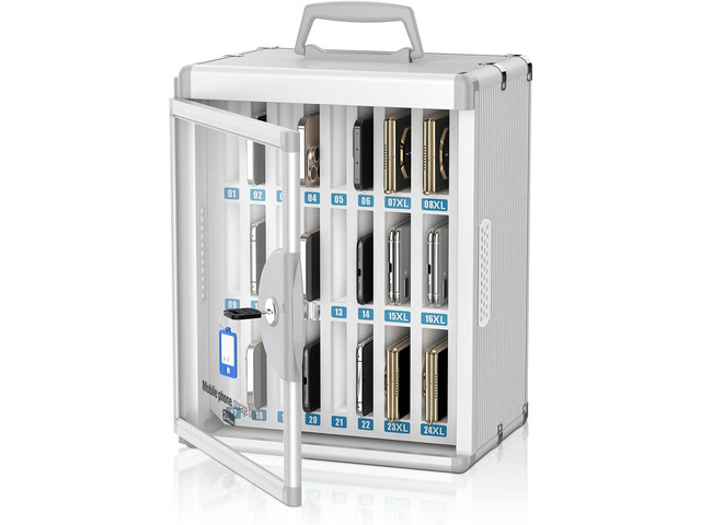 24 Slots Cell Phone Locker, Classroom Phone Storage Cabinet with Key, Wall Mounted Aluminum Alloy Phone Lock Box, Mobile Phone Lockbox with Handle...