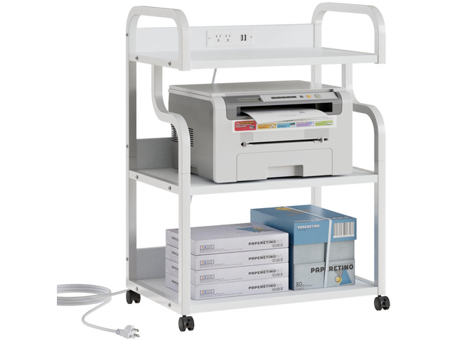 Large Printer Stand with Power Outlet, 3-Tier Rolling Cart with Lockable Wheels, Heavy Duty Utility Table for Home Office, 18.9'x23.6'x30.2', White