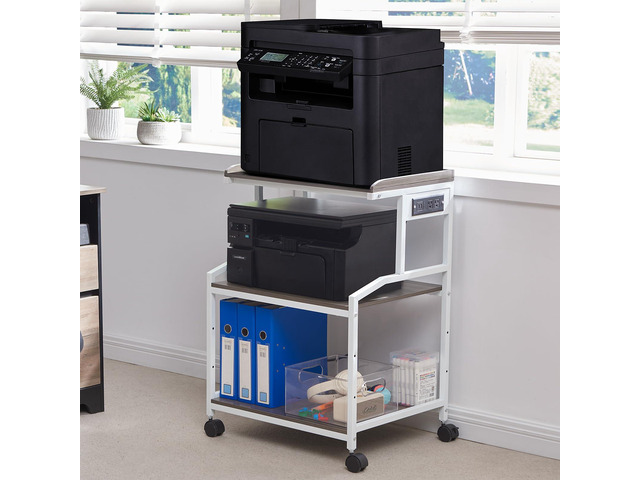 Lauren & Harold 34'' Printer Stand with Power Outlets & USB Ports Grey/White 3-Tier Adjustable Rolling Cart, Heavy Duty 150LBS Storage Table with...